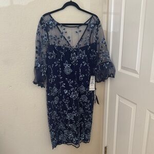 Adrianna Papell Navy and White Floral Long Sleeve Dress NWT